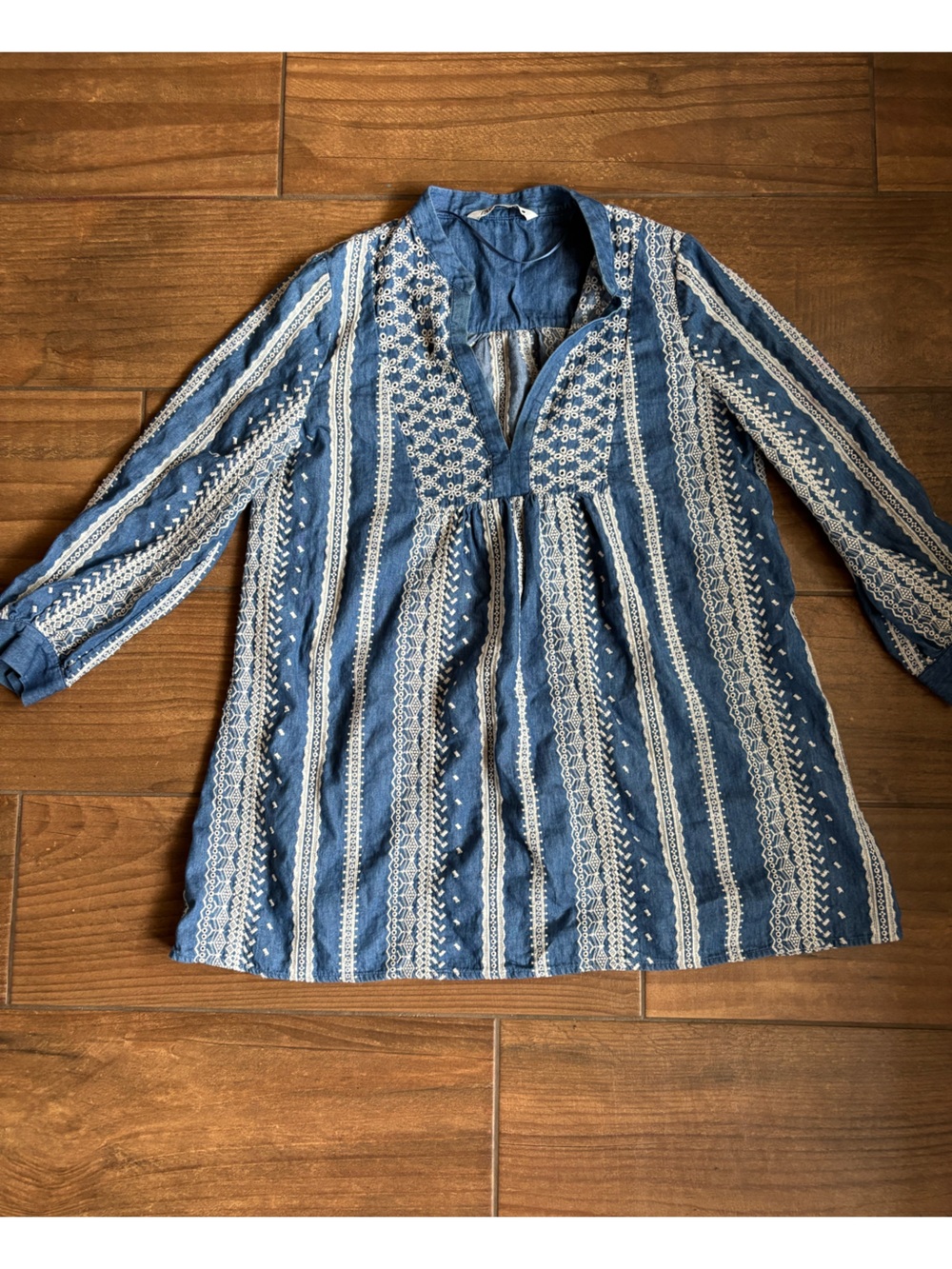 Zara Blue Embroidered Eyelet Boho Mini Dress Tunic Size L